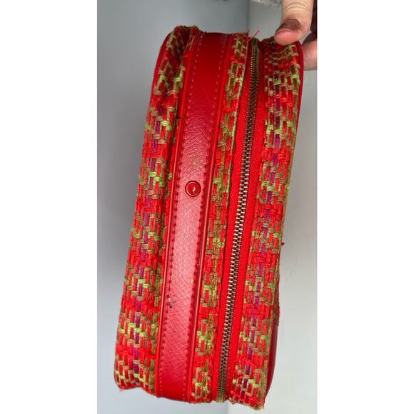 Vintage Suitcase Plaid Made in Japan Red Vinyl Pockets Zipper Retro Travel - Picture 3 of 16